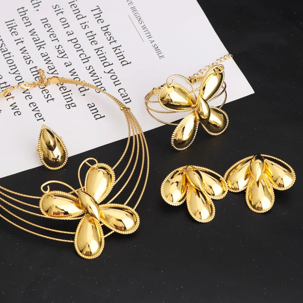 Luxo cor de ouro 4 pçs conjunto de jóias femininas nigeria moda forma borboleta colar brinco pulseira anel para festa africana casamento