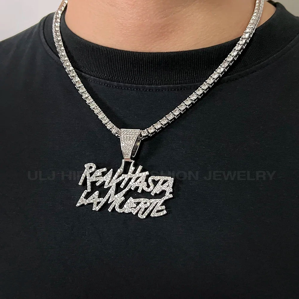 Hip hop estilo de rua realhasta lamuerte carta bling pingente colar 4mm bling corrente gelado para rapper legal jóias