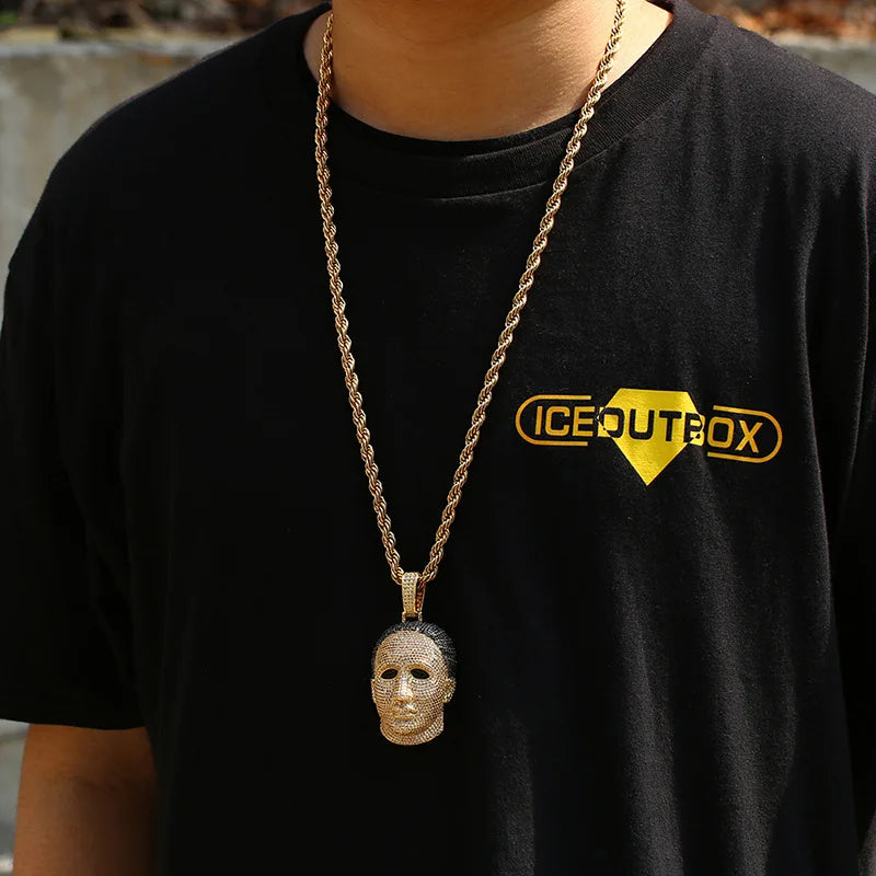 Colar de pedra gelada Hip Hop para homens, pingentes de máscara masculina, joias Rapper, cor dourada e prata, 5A Plus CZ
