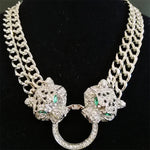 Hip hop cristal duplo leopardo cabeça pingente com dupla corrente cubana colar moda pantera jóias para homens mulheres festa wear