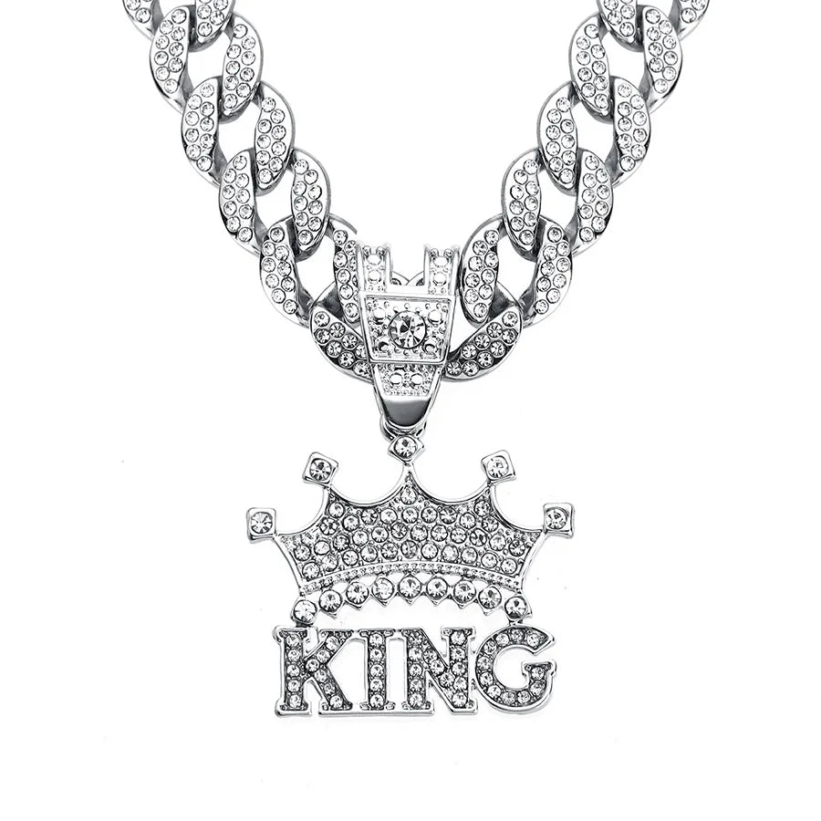 Coroa de Hip Hop masculina com Rei Pingente, Corrente Cubana Cristal, Strass Cristal Gelo, Jóias da Moda