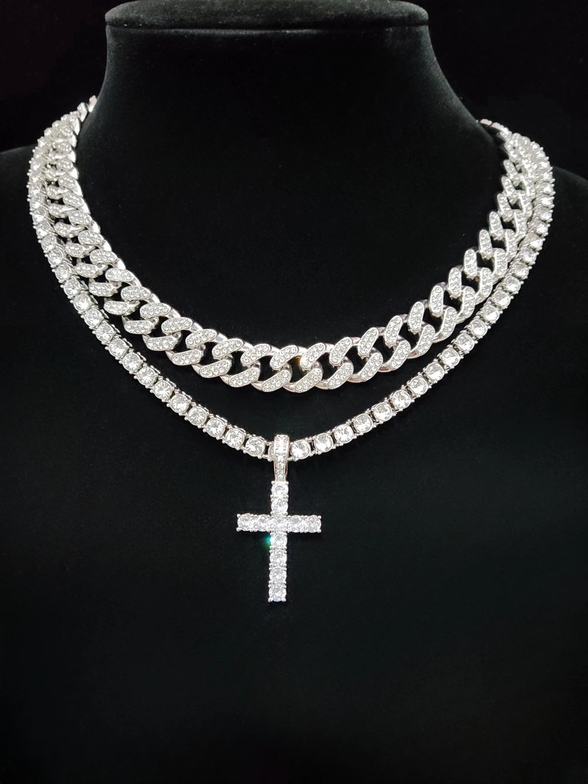 Colar com pingente Hip Hop Cross para homens e mulheres, corrente cubana, colares bling gelados, joias da moda, 2 peças por conjunto