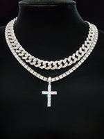 Colar com pingente Hip Hop Cross para homens e mulheres, corrente cubana, colares bling gelados, joias da moda, 2 peças por conjunto