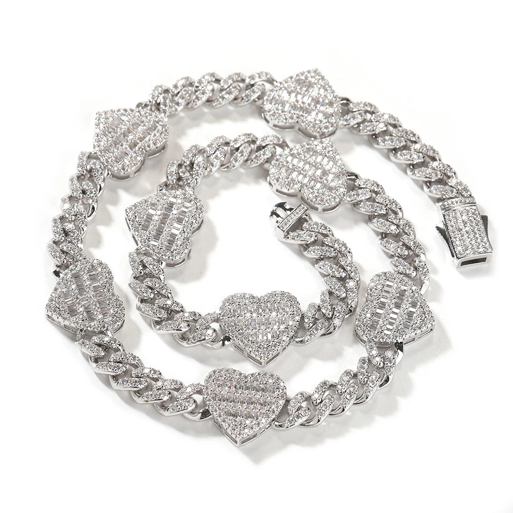 Uwin 10mm corrente cubana com coração baguette completo gelado zircão cúbico moda luxuosa gargantilha hiphop joias