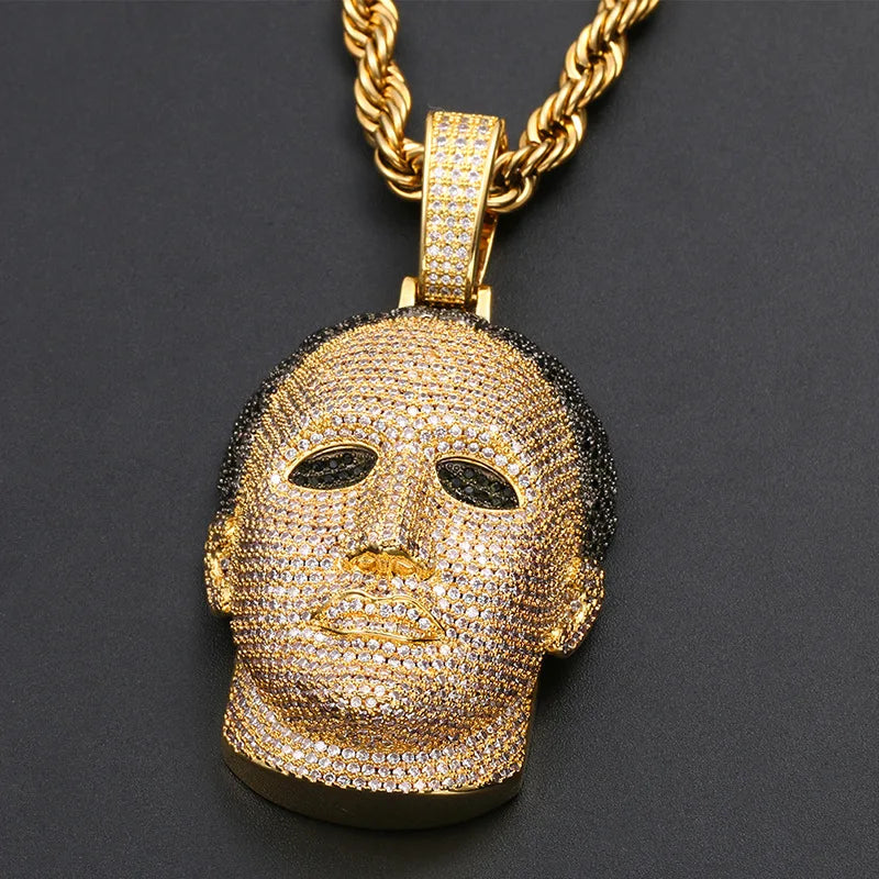 Colar de pedra gelada Hip Hop para homens, pingentes de máscara masculina, joias Rapper, cor dourada e prata, 5A Plus CZ