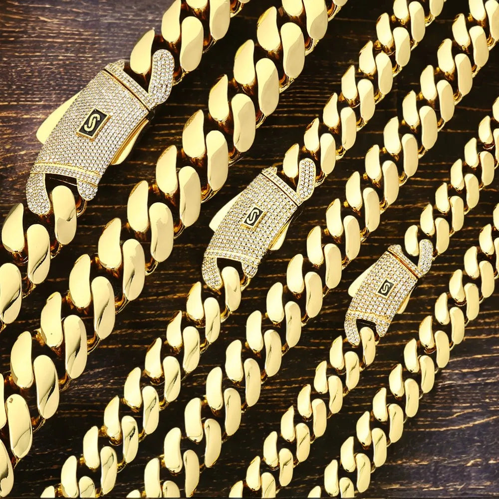 Colar masculino cubano dourado 14k, 6mm-20mm, pulseira de latão miami, hip-hop, zircônia brilhante, fivela de mola, corrente monaco