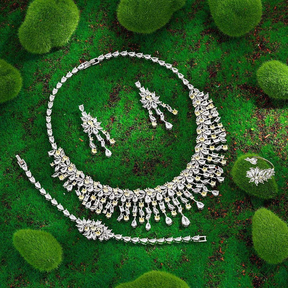 2023 venda quente zircônia cúbica conjunto de jóias de casamento nupcial conjunto de 4 peças conjunto de jóias femininas reprodução de marca de jóias