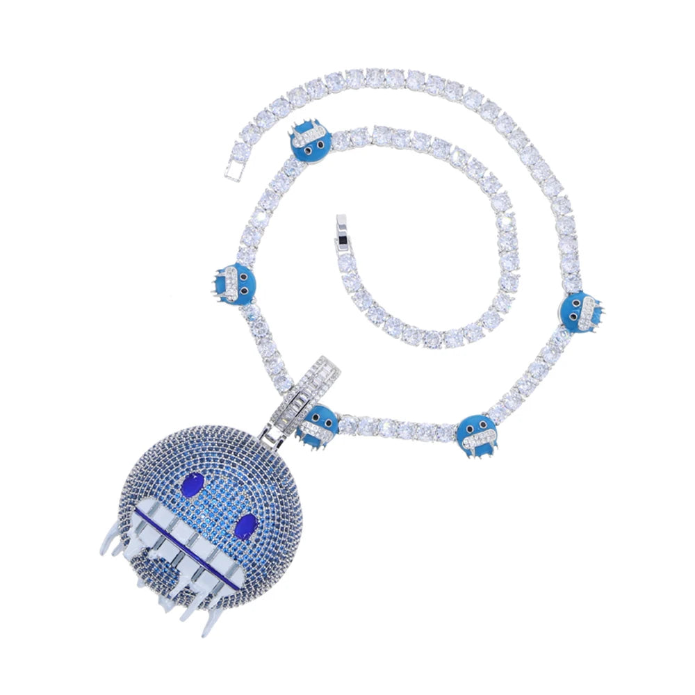 Colar gelado Bling Iceman para homens e mulheres, corrente de tênis, charme de expressão de esmalte azul, jóias Hip Hop, 5mm, CZ, moda, novo, 2024