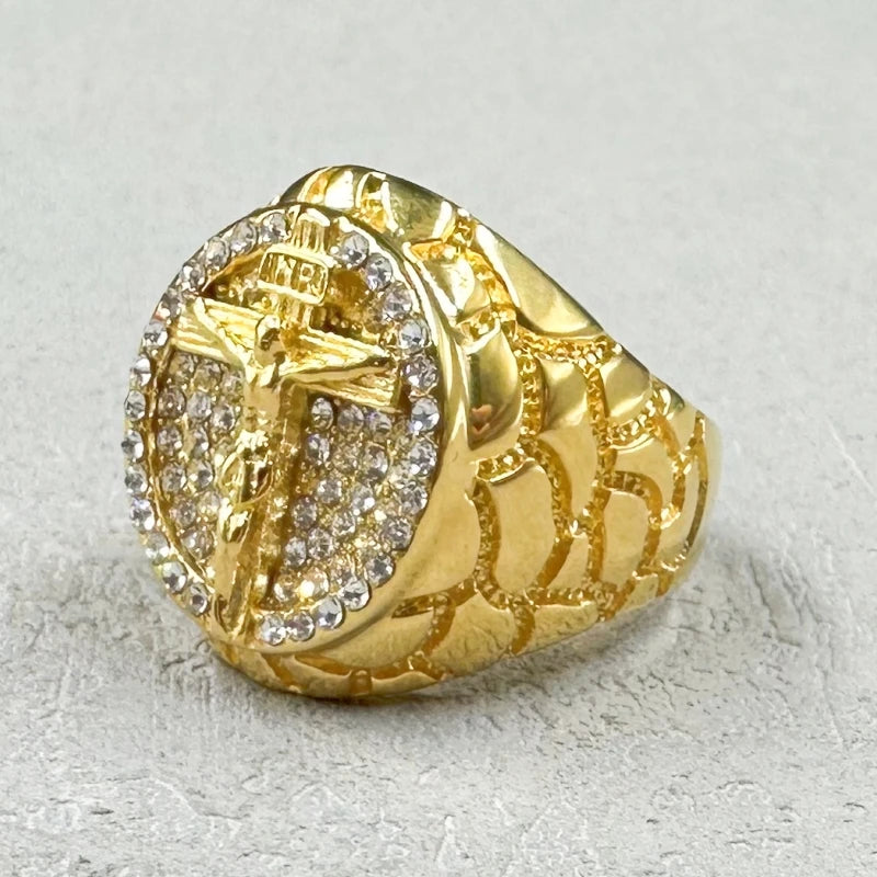 Hip hop cor dourada 316l aço inoxidável com strass completo inri crucifixo jesus cruz anéis para homens rapper festa jóias