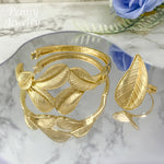 Conjunto de joias banhadas a ouro em formato de folha, 4 peças, para mulheres, colar, brincos, pulseira, anel, festa de casamento, presentes de aniversário