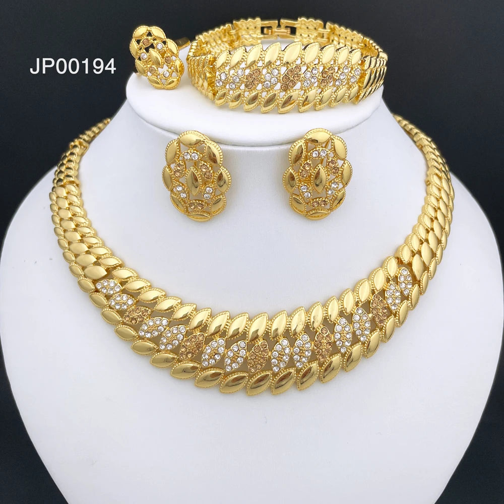 Conjunto de Jóias Banhado a Ouro Dubai para Mulheres, Design de Luxo, Colar Spike, Brincos, Pulseira, Anel, Festa de Casamento, Alta Qualidade