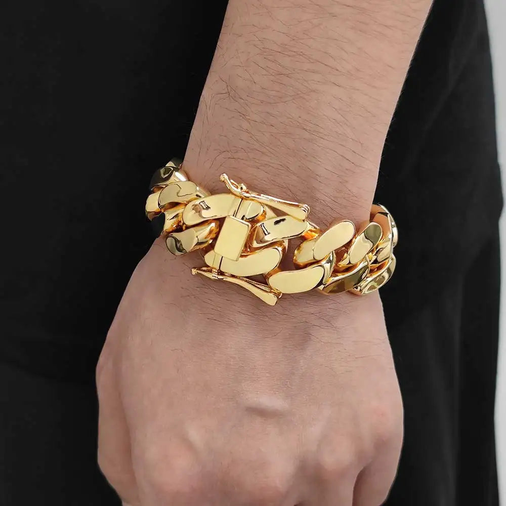 Atacado hip hop jóias 22mm latão cubana corrente luxo 18k banhado a ouro grande pesado sólido miami cubano colar para homem