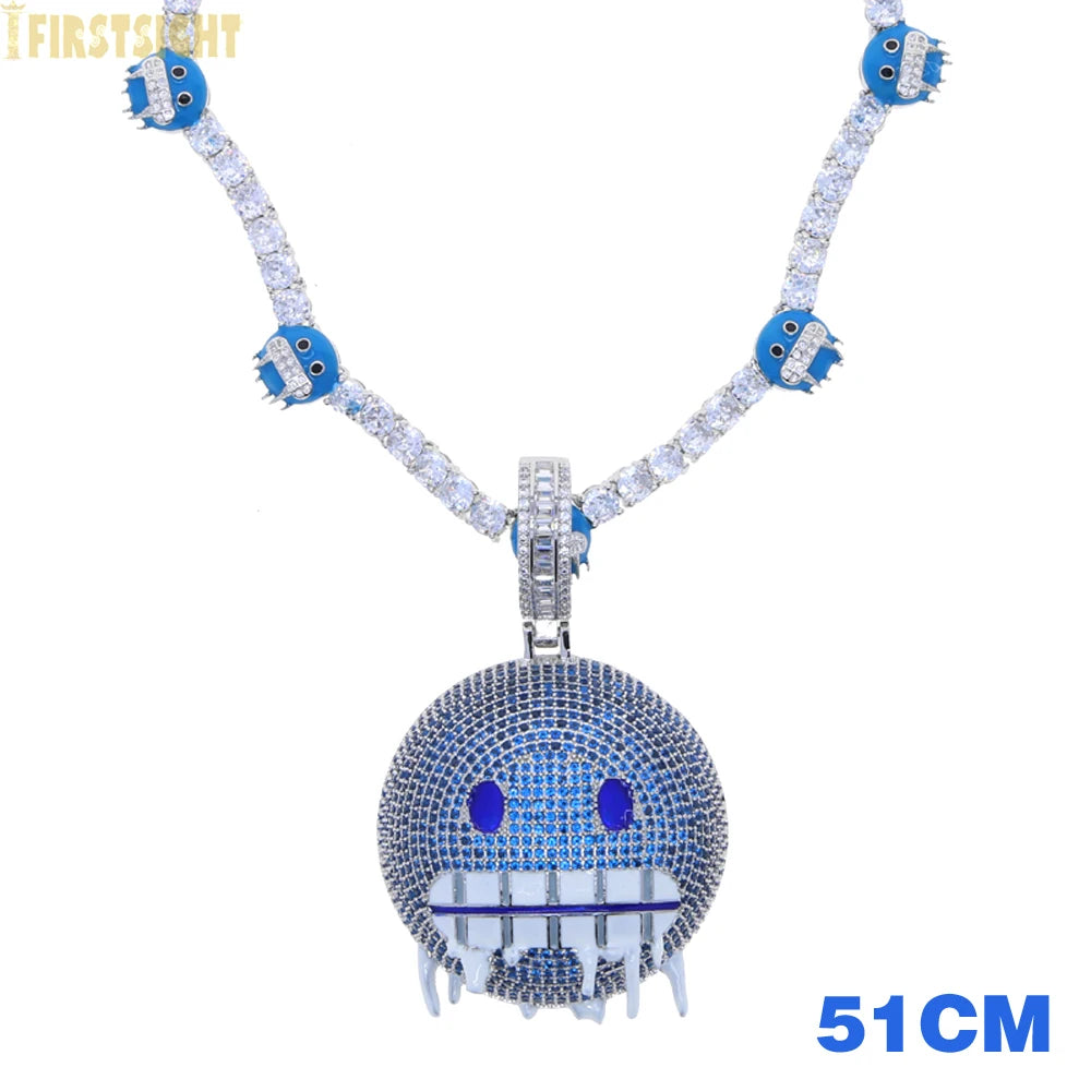 Colar gelado Bling Iceman para homens e mulheres, corrente de tênis, charme de expressão de esmalte azul, jóias Hip Hop, 5mm, CZ, moda, novo, 2024