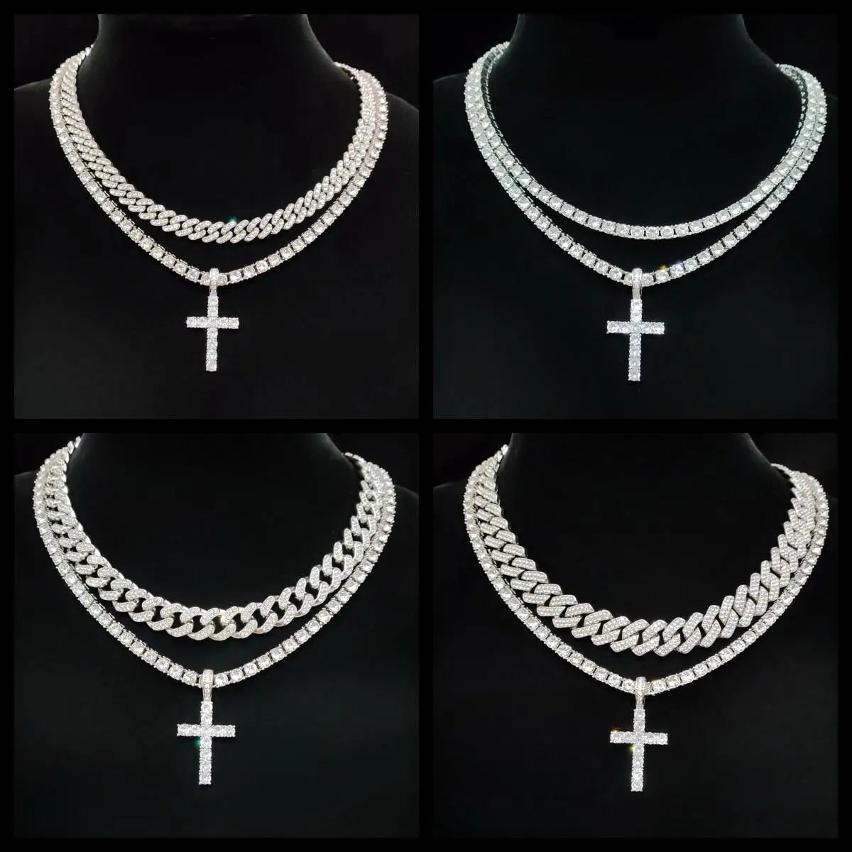 Colar com pingente Hip Hop Cross para homens e mulheres, corrente cubana, colares bling gelados, joias da moda, 2 peças por conjunto