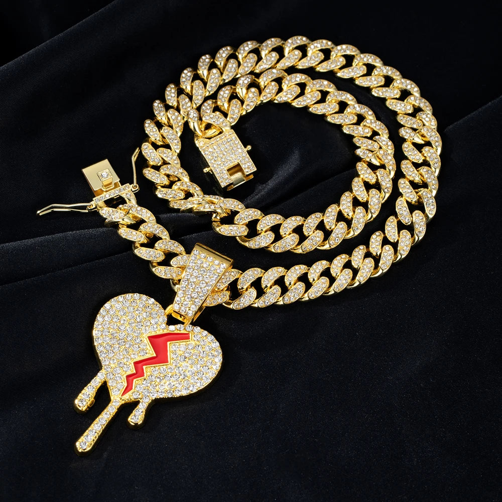 Hip hop iced out coração quebrado pingentes colar com miami cubana link corrente heartbreak colares masculino feminino rapper charme jóias