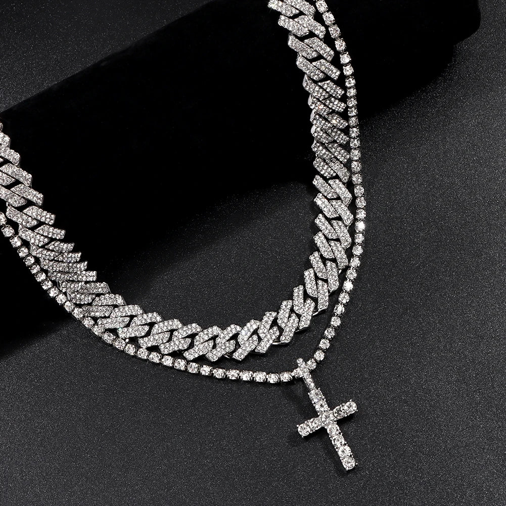 2 pçs punk cristal cruz ankh tênis corrente iced out prong cubana link corrente colar para homens mulheres rapper colares hiphop jóias