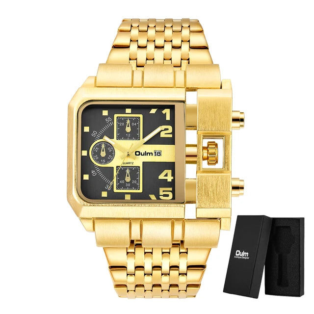Oulm data automática relógio masculino quadrado ouro quartzo relógio de pulso para homem esportes multi-fuso horário militar masculino à prova dwaterproof água reloj hombre