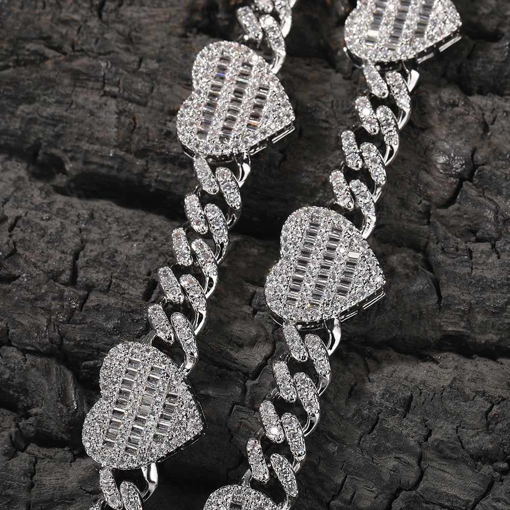 Uwin 10mm corrente cubana com coração baguette completo gelado zircão cúbico moda luxuosa gargantilha hiphop joias