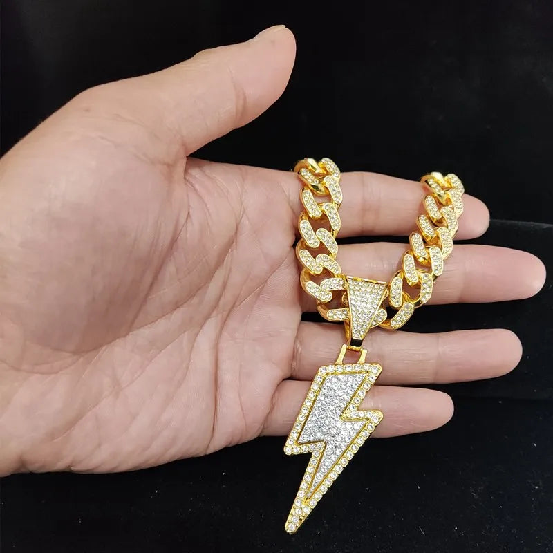 Masculino feminino hip hop relâmpago pingente colar com 13mm cristal cubana corrente hiphop gelado para fora bling colares moda charme jóias