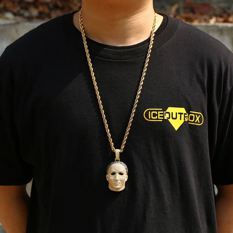 Colar de pedra gelada Hip Hop para homens, pingentes de máscara masculina, joias Rapper, cor dourada e prata, 5A Plus CZ