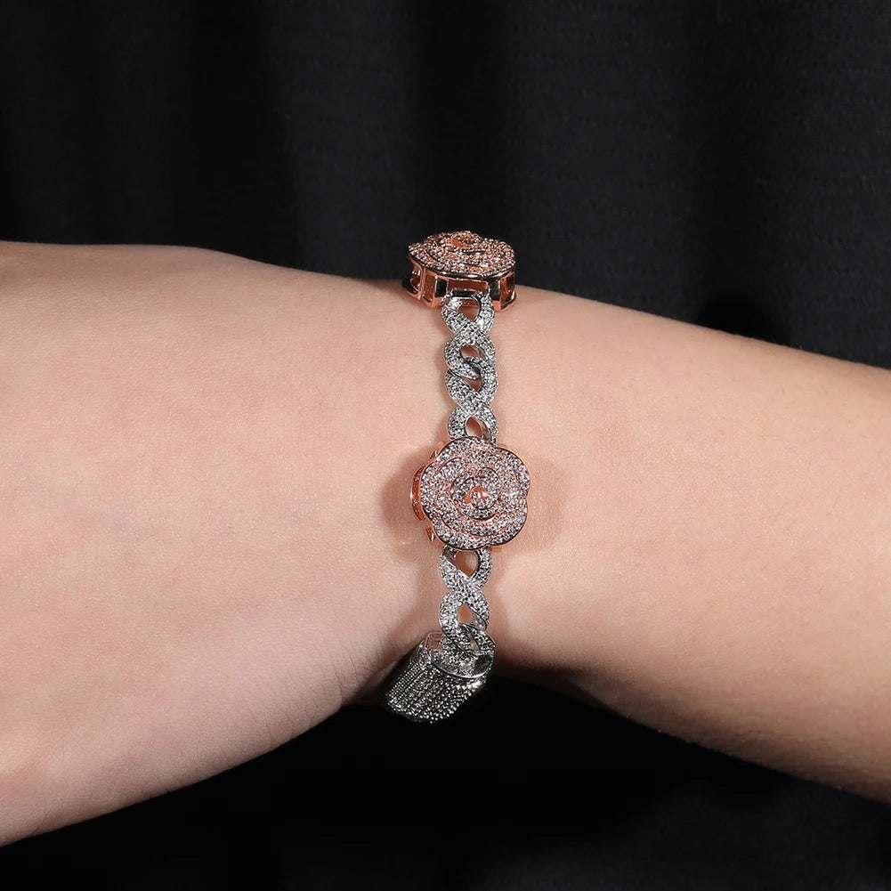 THE BLING KING Rose Flower Infinity Link Chain Colar Prong Configuração 5A Zircônia Cúbica Gargantilha HipHop Moda Jóias