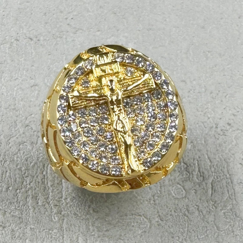 Hip hop cor dourada 316l aço inoxidável com strass completo inri crucifixo jesus cruz anéis para homens rapper festa jóias