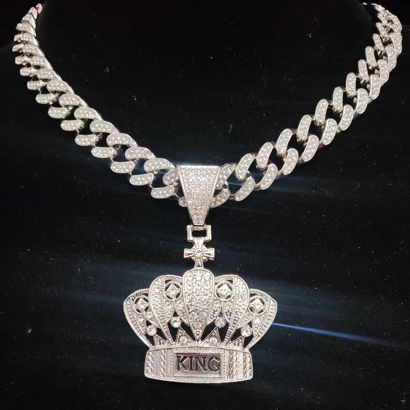 Masculino feminino hip hop coroa pingente colar com 13mm corrente cubana hiphop gelado bling colares moda jóias presentes