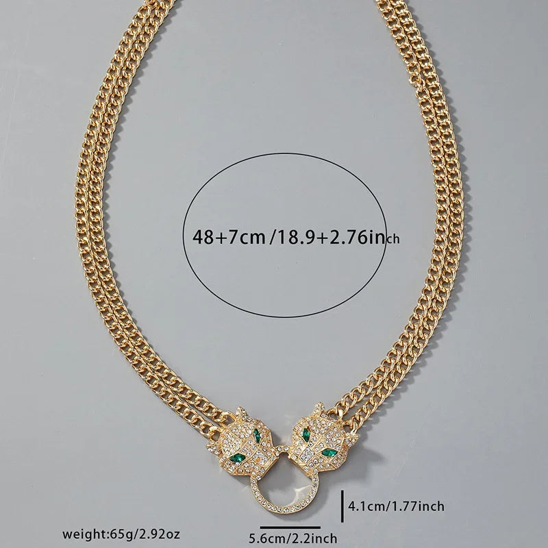 Hip hop cristal duplo leopardo cabeça pingente com dupla corrente cubana colar moda pantera jóias para homens mulheres festa wear