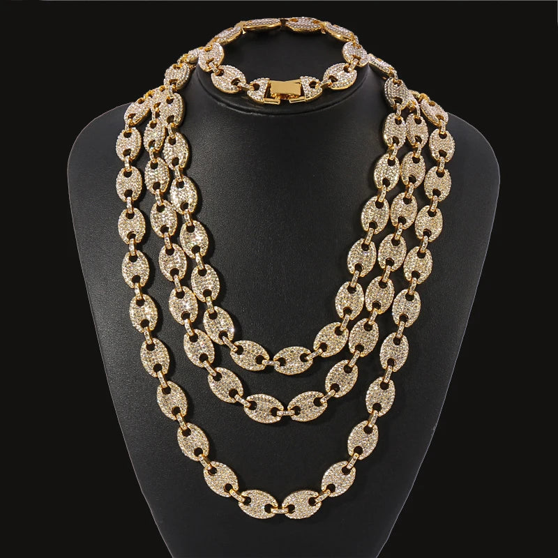 Iced out feijão de café strass punk miami cubano gargantilha colar pulseira declaração hip hop grande grosso grosso corrente colar