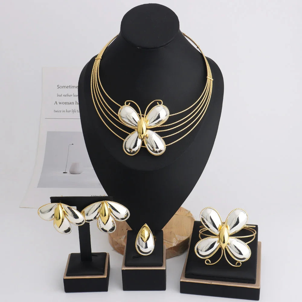 Luxo cor de ouro 4 pçs conjunto de jóias femininas nigeria moda forma borboleta colar brinco pulseira anel para festa africana casamento