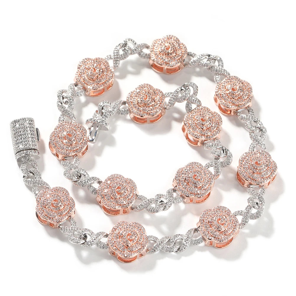 THE BLING KING Rose Flower Infinity Link Chain Colar Prong Configuração 5A Zircônia Cúbica Gargantilha HipHop Moda Jóias