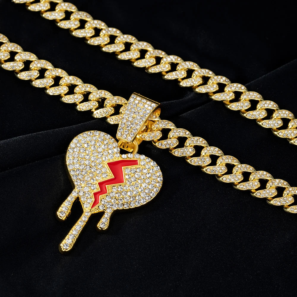 Hip hop iced out coração quebrado pingentes colar com miami cubana link corrente heartbreak colares masculino feminino rapper charme jóias