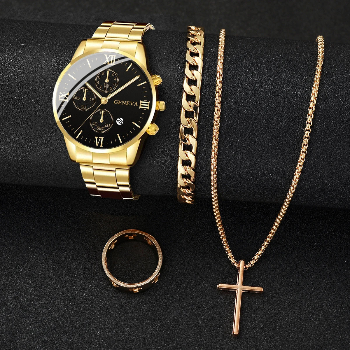 Quartz Watch for Men, Silver Steel Band, Relógios de Negócios, Conjunto de Jóias sem Caixa, Moda, 4 Pçs/set