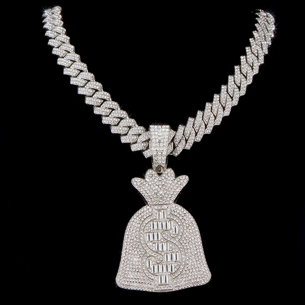 Masculino feminino hip hop dólar sinal saco de dinheiro pingente colar com 14mm corrente cubanausd saco de dinheiro colares na moda charme jóias presente