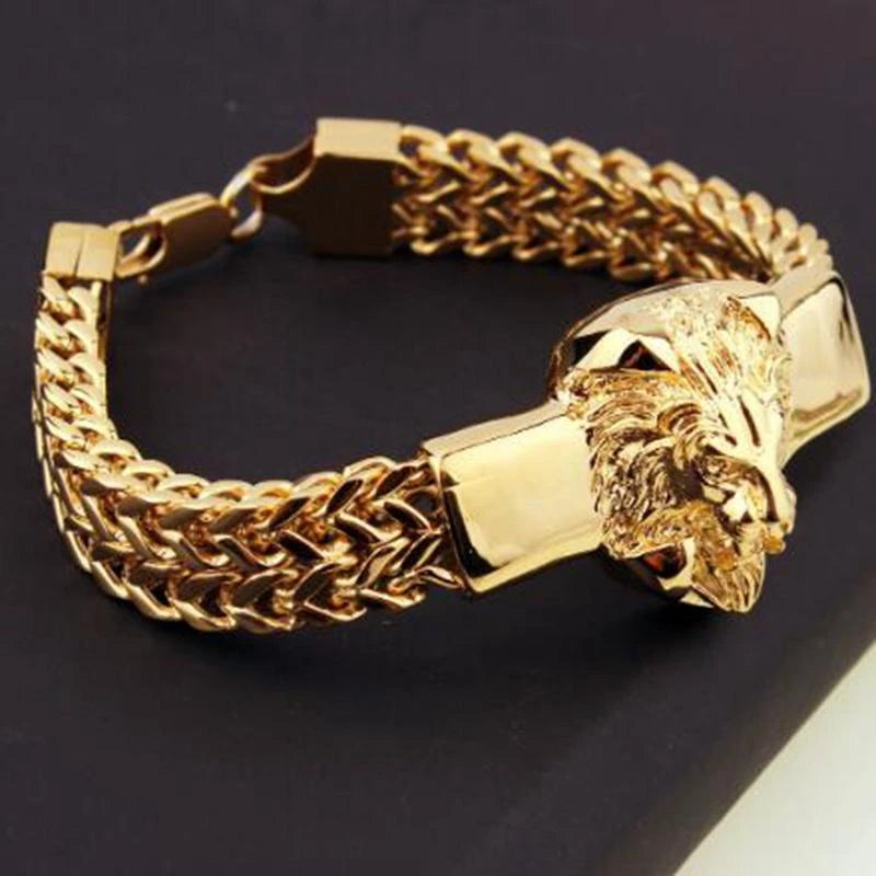 Dominador cabeça de leão pulseira animal masculino aço inoxidável trançado corrente pulseira hip-hop jóias na moda
