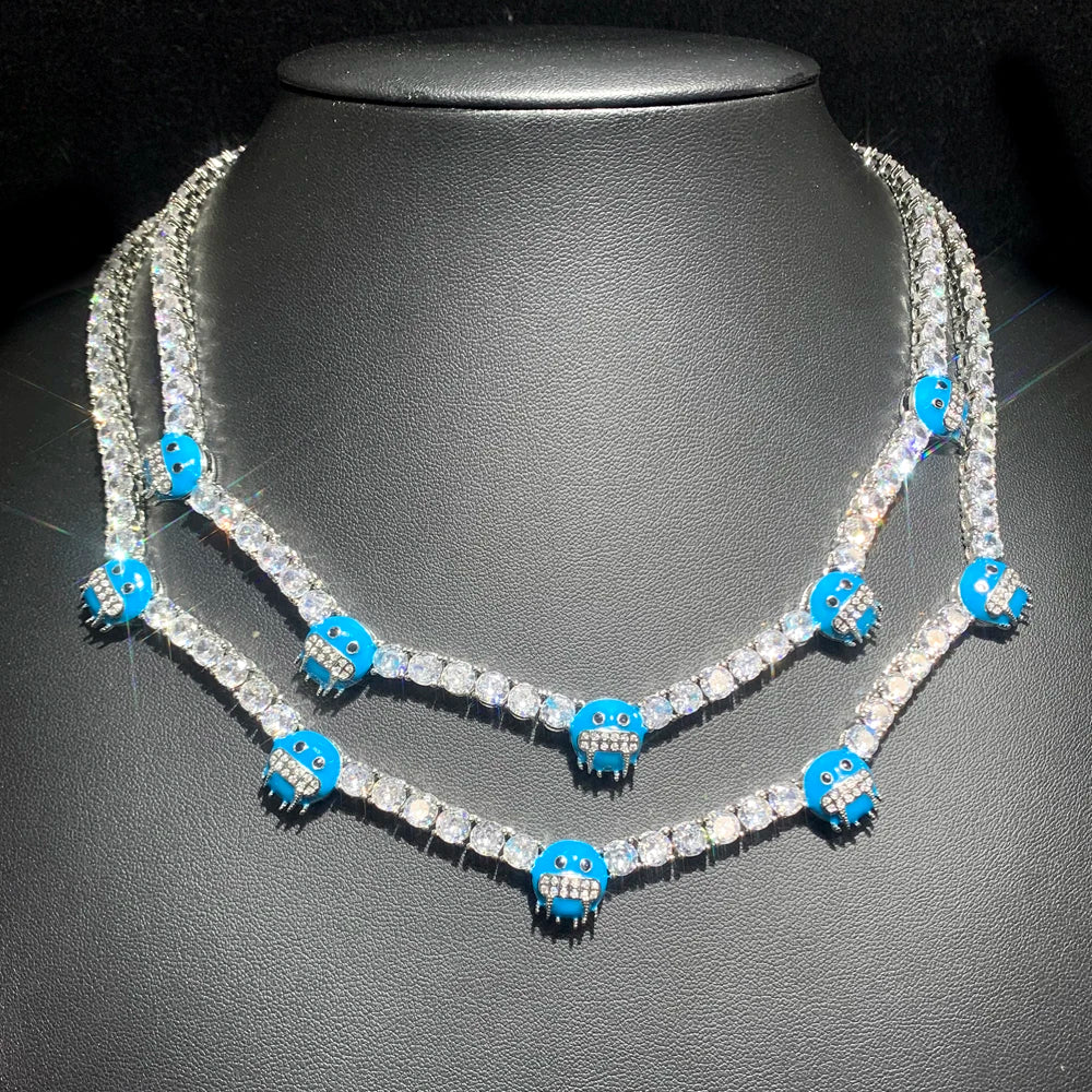 Colar gelado Bling Iceman para homens e mulheres, corrente de tênis, charme de expressão de esmalte azul, jóias Hip Hop, 5mm, CZ, moda, novo, 2024