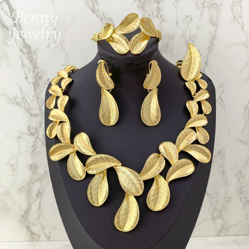 Conjunto de joias banhadas a ouro em formato de folha, 4 peças, para mulheres, colar, brincos, pulseira, anel, festa de casamento, presentes de aniversário