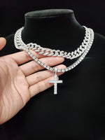 Colar com pingente Hip Hop Cross para homens e mulheres, corrente cubana, colares bling gelados, joias da moda, 2 peças por conjunto