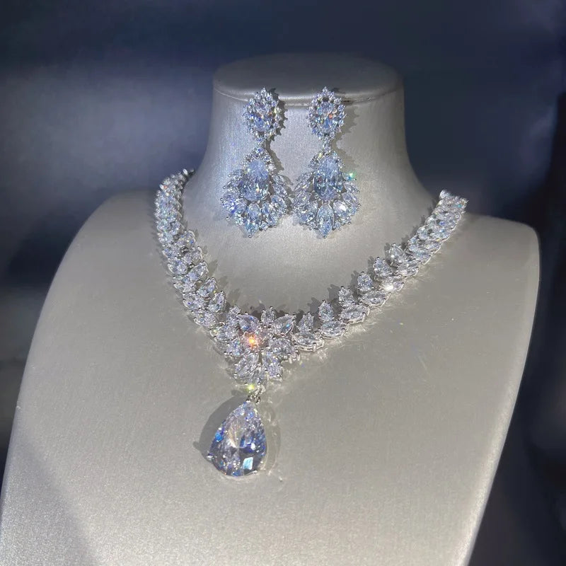 Imitação de moissanite diamante conjunto de jóias explosão flash quente novo luxo pingente colar feminino brincos conjunto