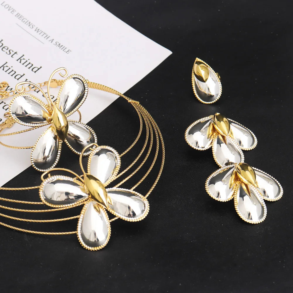 Luxo cor de ouro 4 pçs conjunto de jóias femininas nigeria moda forma borboleta colar brinco pulseira anel para festa africana casamento