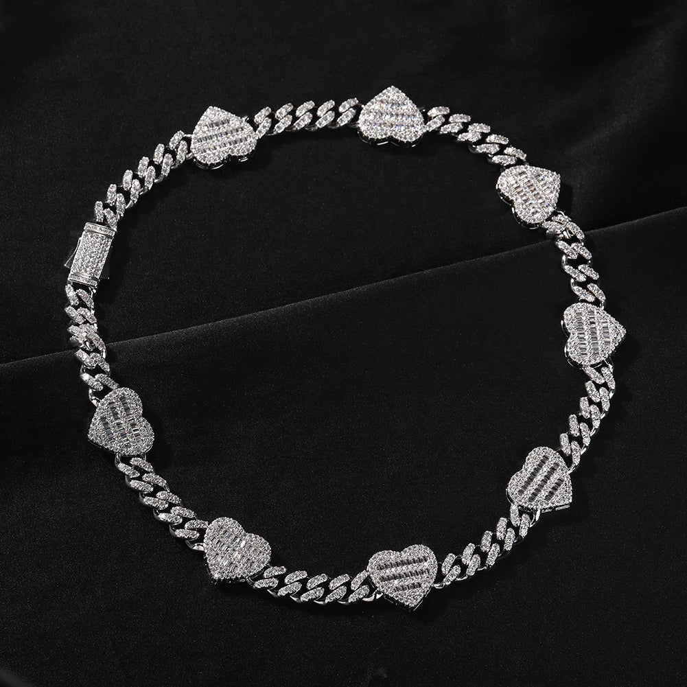 Uwin 10mm corrente cubana com coração baguette completo gelado zircão cúbico moda luxuosa gargantilha hiphop joias