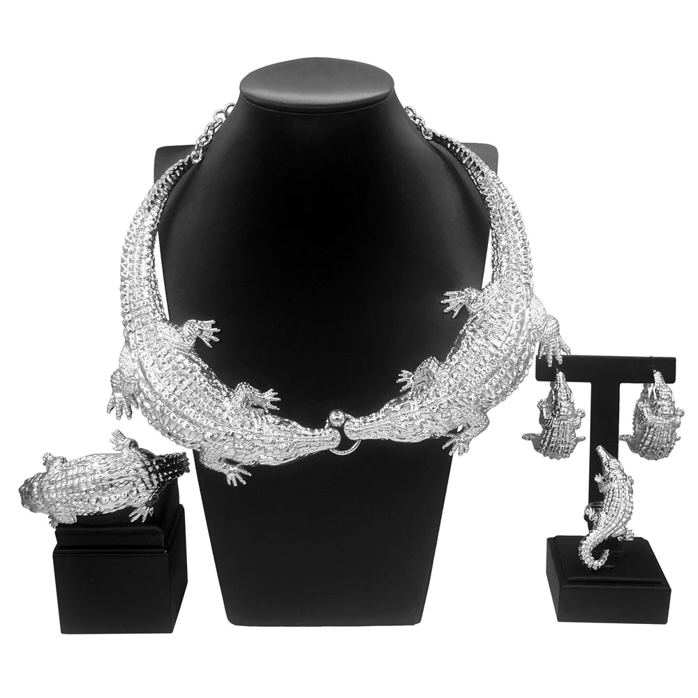 Conjunto de Jóias Banhado a Ouro Crocodilo para Mulheres, Colar, Brincos, Anel, Animal Design, Anéis, Party Essentials, Italiano, Novo