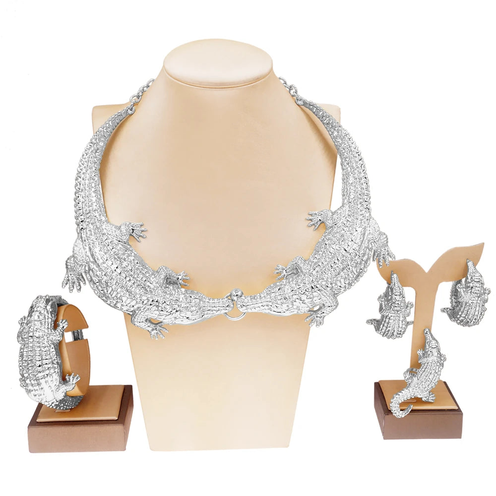 Conjunto de Jóias Banhado a Ouro Crocodilo para Mulheres, Colar, Brincos, Anel, Animal Design, Anéis, Party Essentials, Italiano, Novo
