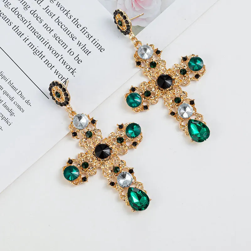 Nova chegada do vintage preto rosa cristal cruz brincos para mulheres barroco boêmio grandes brincos longos jóias brincos 2023