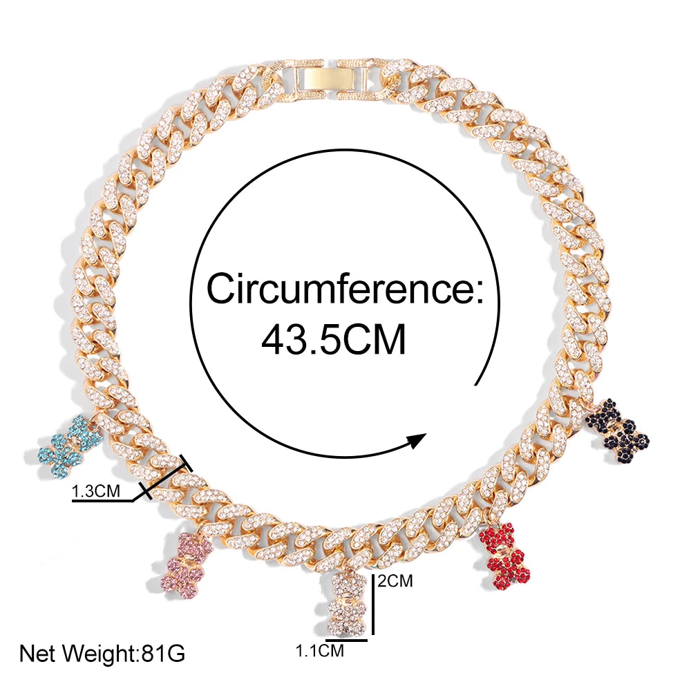 Hip hop personalidade cor de ouro cubana link corrente colar para mulheres menina gelado cristal acrílico urso pingente colar jóias