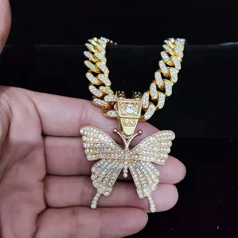 Masculino feminino hip hop iced out bling borboleta pingente colar com 13mm miami corrente cubana hiphop colares moda charme jóias