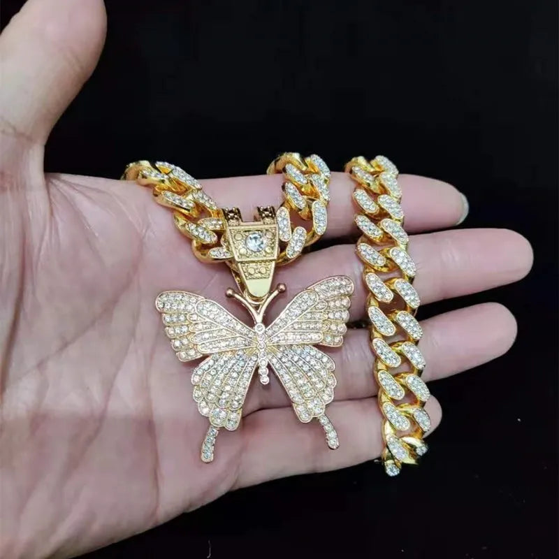 Masculino feminino hip hop iced out bling borboleta pingente colar com 13mm miami corrente cubana hiphop colares moda charme jóias