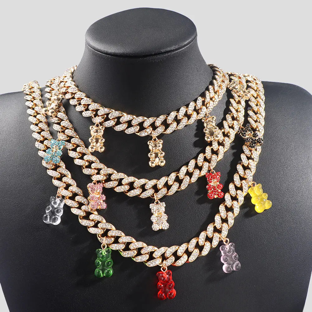 Hip hop personalidade cor de ouro cubana link corrente colar para mulheres menina gelado cristal acrílico urso pingente colar jóias