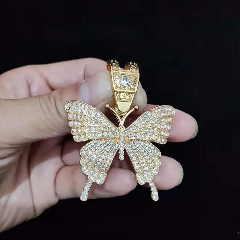 Masculino feminino hip hop iced out bling borboleta pingente colar com 13mm miami corrente cubana hiphop colares moda charme jóias