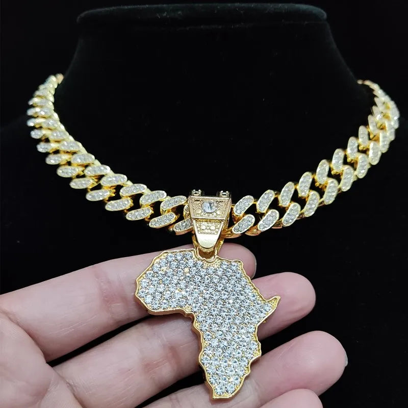Masculino feminino hip hop gelado bling mapa da áfrica pingente colar com 13mm corrente cubana hiphop colares moda charme jóias